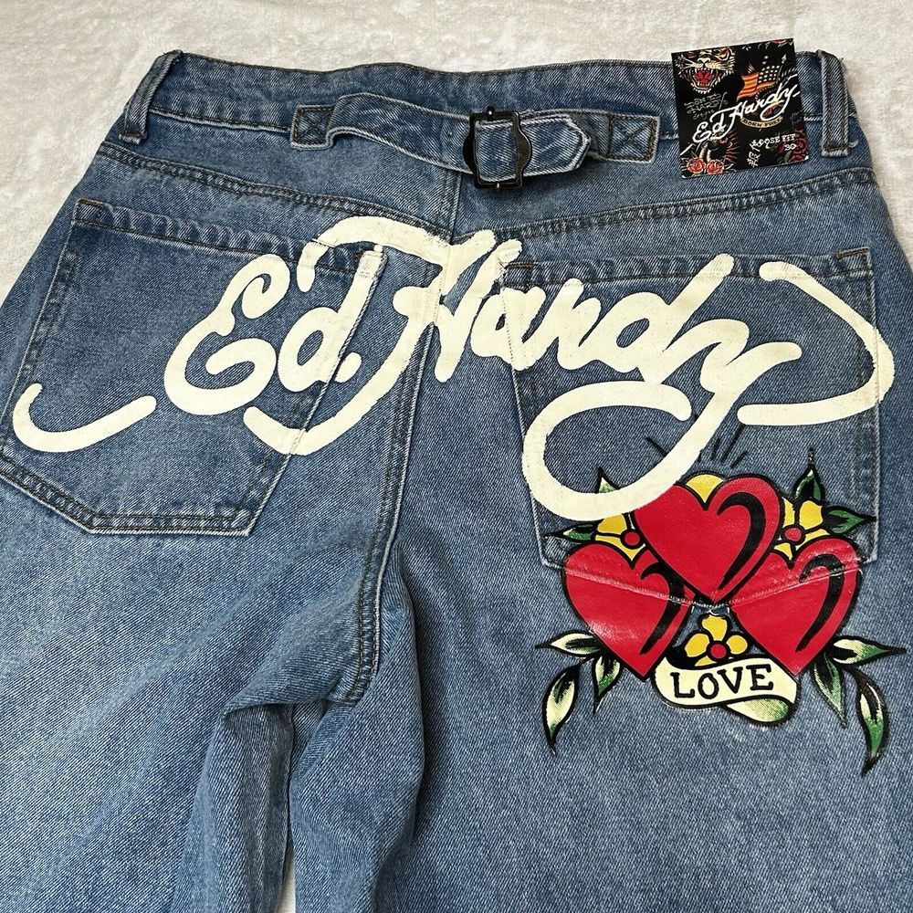 Ed Hardy Loose Fit Jeans Wide Leg High Rise Size 30 Embroidered Heart 90's‎ NWT